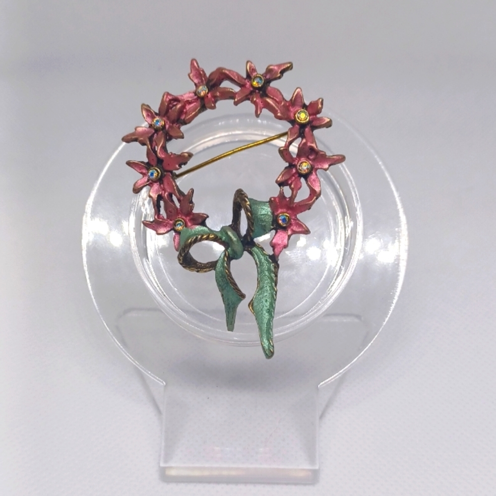 Vintage Floral Wreath Bow Pin Brooch